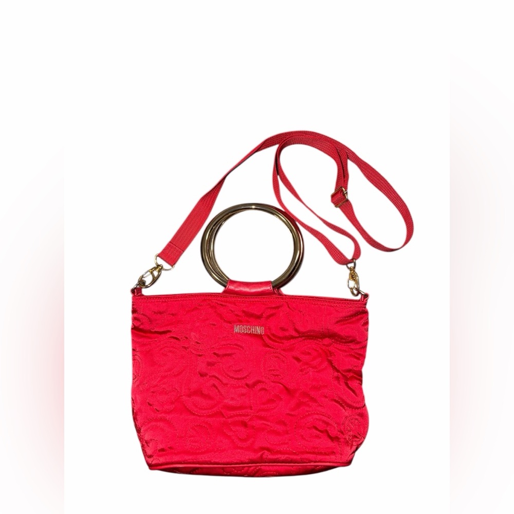 Rare Vtg MOSCHINO Red Hearts Floral Peace Embroidery Ring Handle Crossbody Bag
